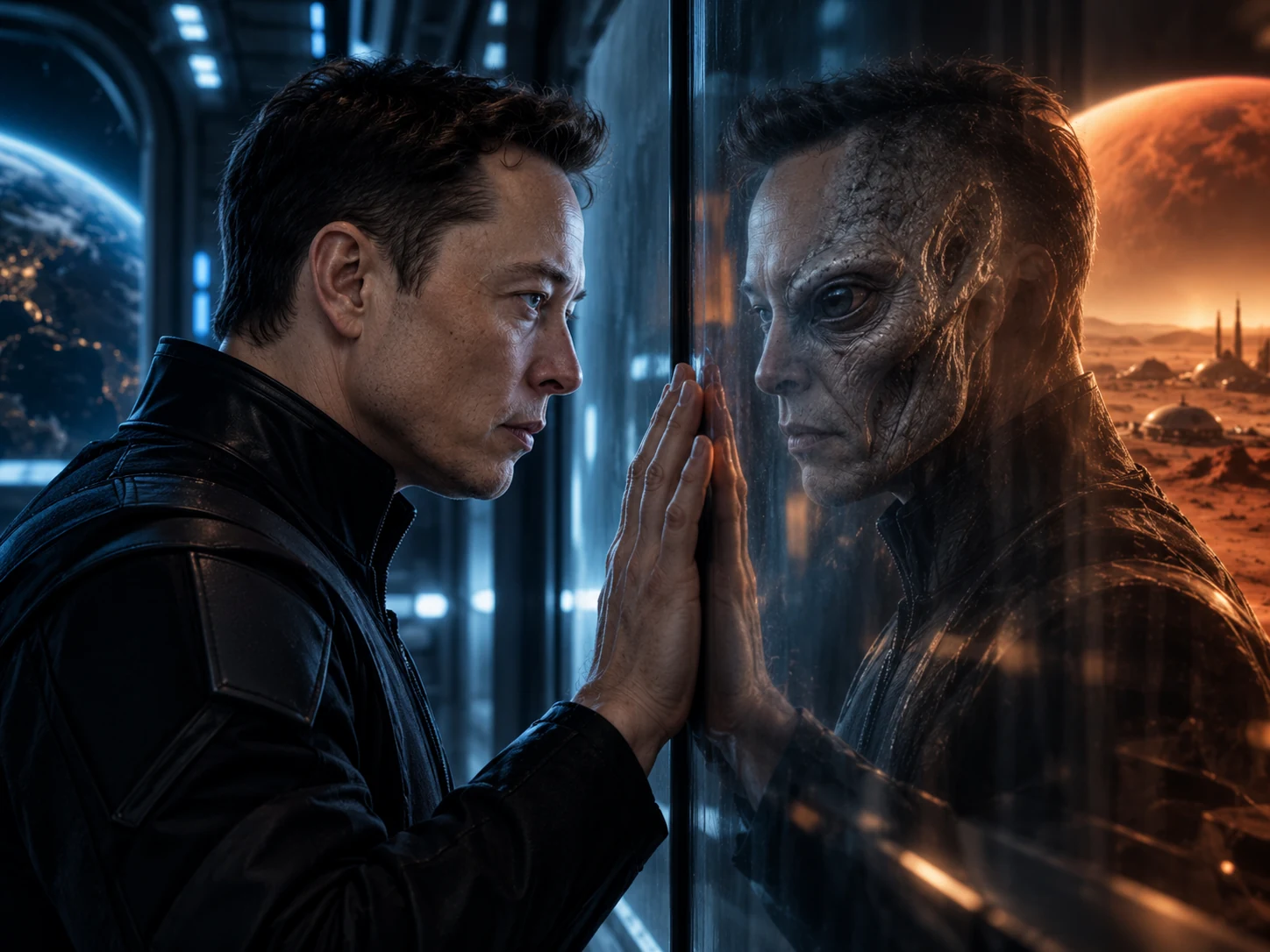 X meets the gaze of his alien reflection across a transparent boundary.