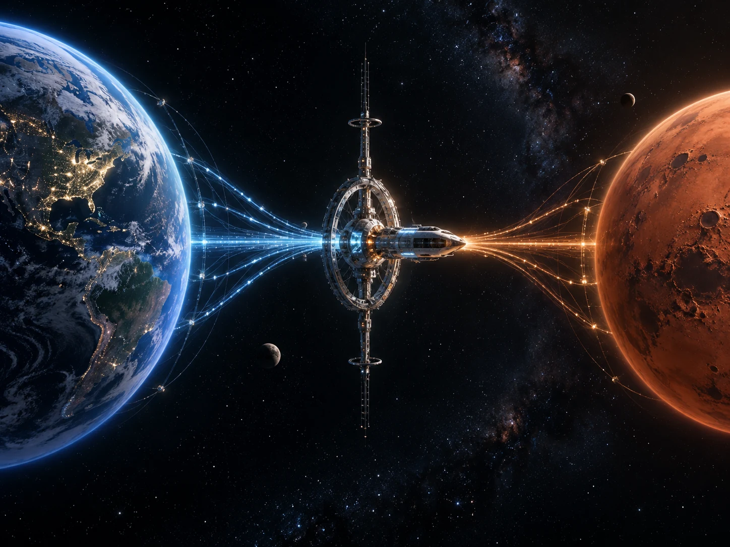 Blue and amber connections link Earth and Mars through a central spacecraft.