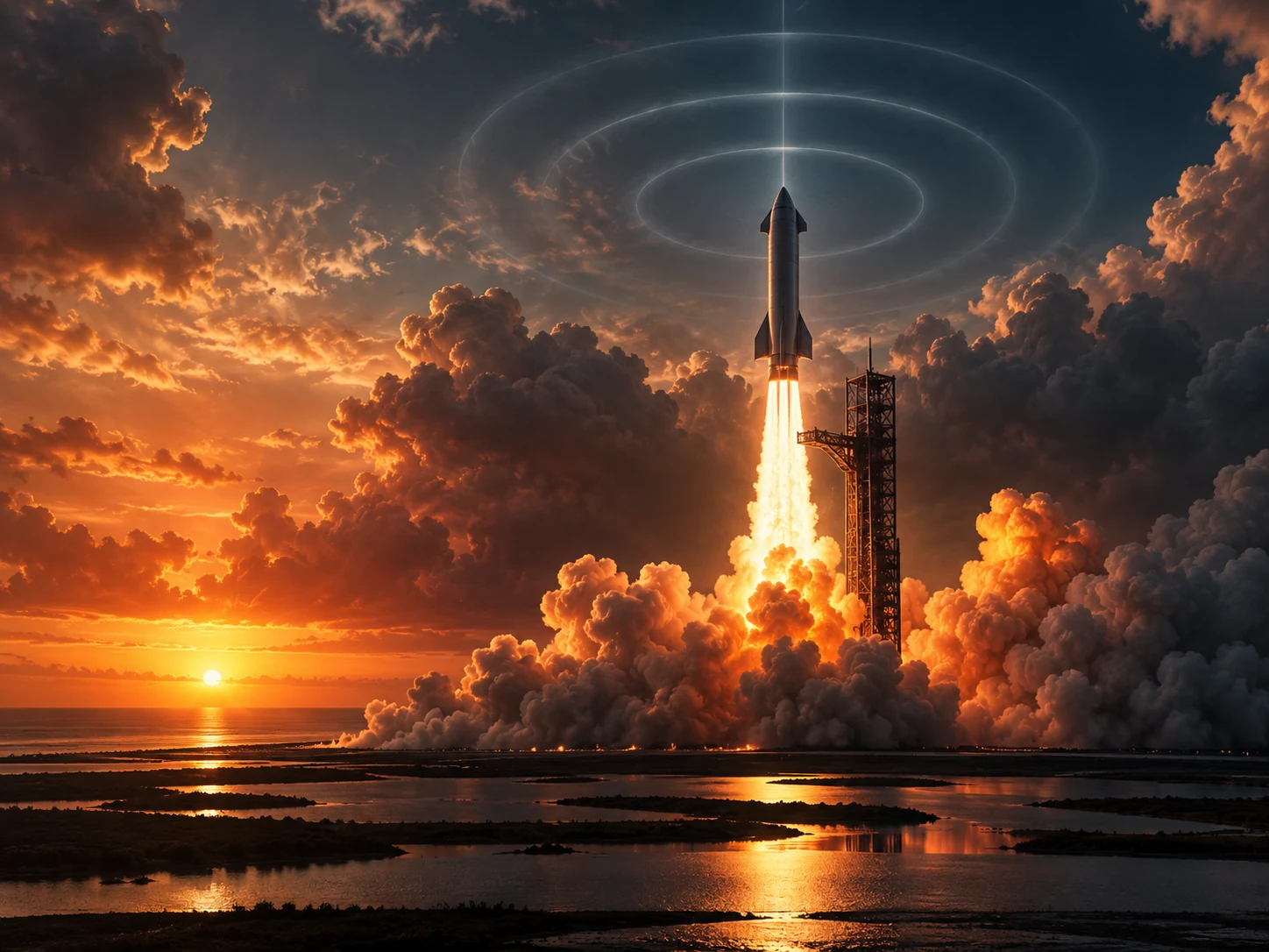 Starship rising through an amber sky beneath concentric transmission rings.