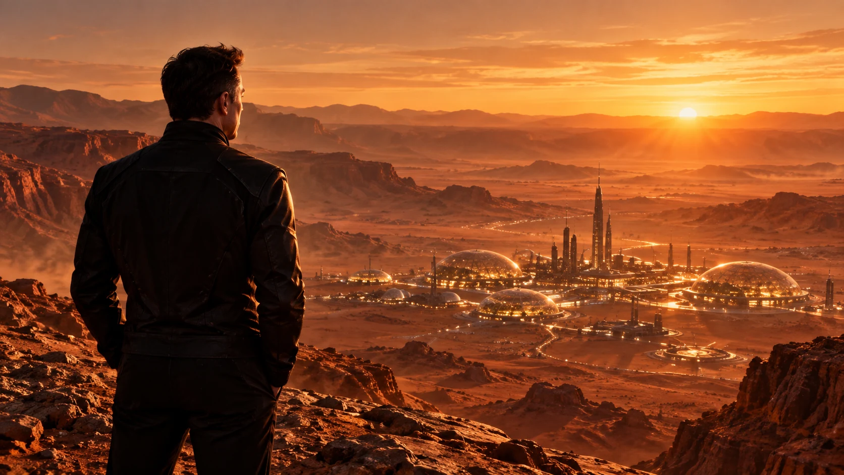 X overlooking a warm, illuminated settlement on the Martian horizon.